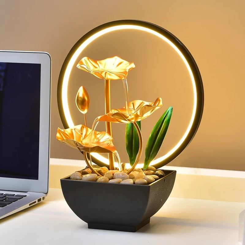 Tabletop Water Feature – 3-Tier Lotus Leaf Fountain with LED Light & Pebbles