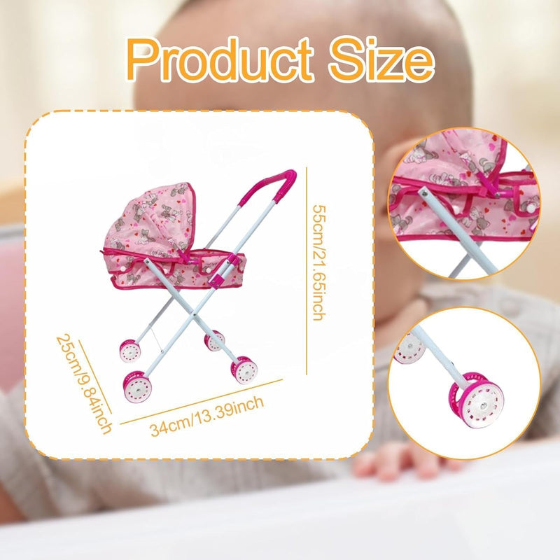 Foldable Doll Pram – Pretend Play Pushchair Toy with Lion Pattern