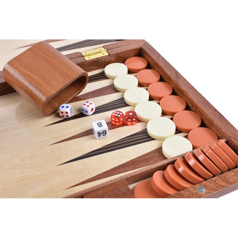 Wooden Inlaid Backgammon Set– 15" Folding Board with Acrylic Pieces & Dice Cups