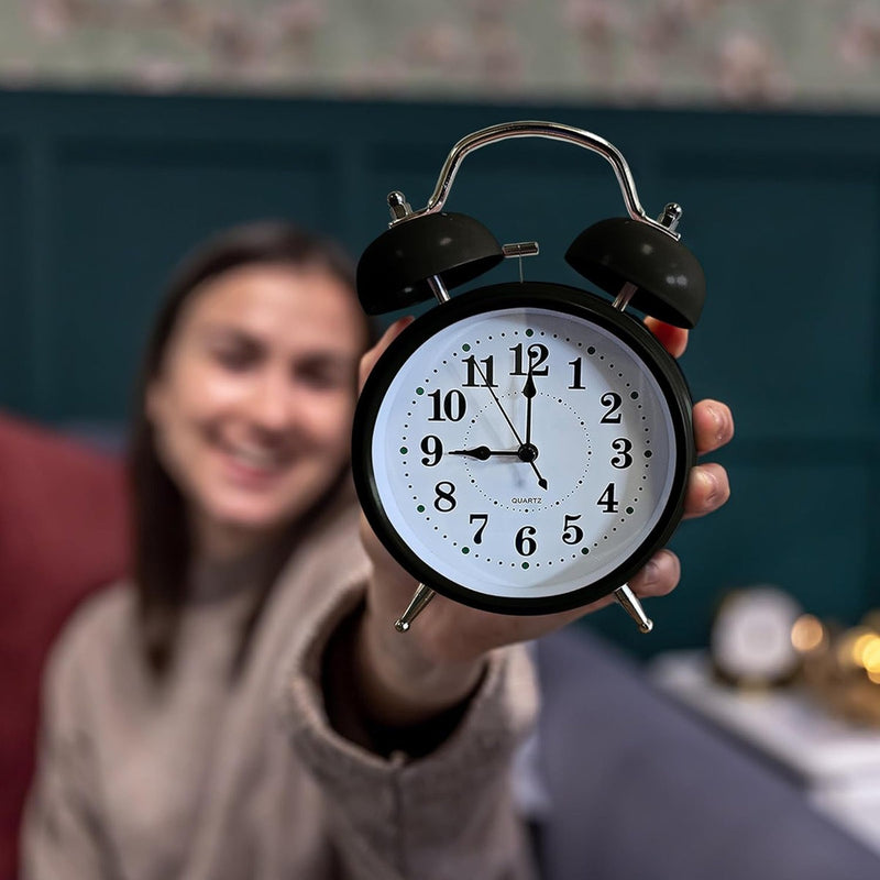 Twin Bell Alarm Clock 6 Inch – Rechargeable Silent Tick Battery Powered for Heavy Sleepers