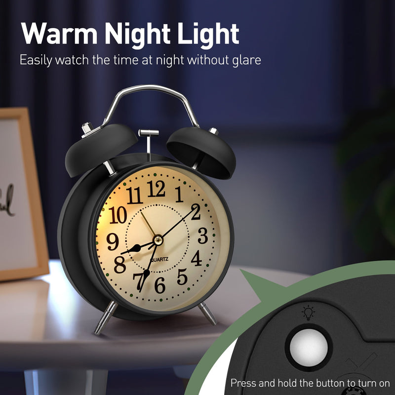 Twin Bell Alarm Clock 6 Inch – Rechargeable Silent Tick Battery Powered for Heavy Sleepers