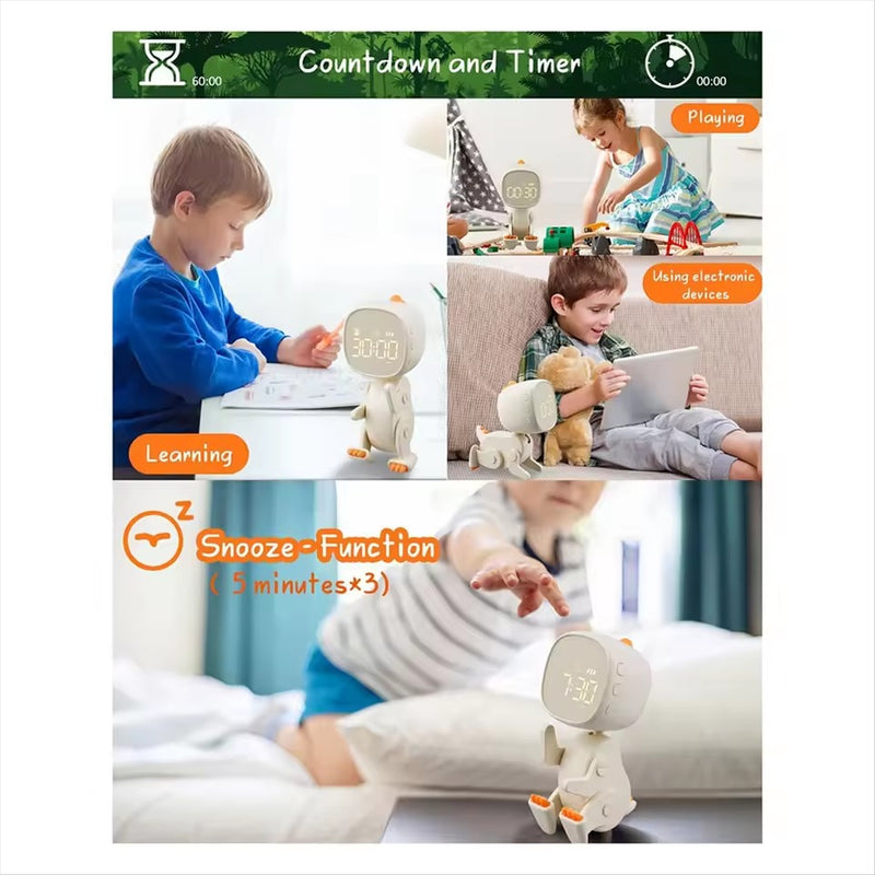 Dinosaur Kids Alarm Clock – Rechargeable with Night Light Snooze & 6 Alarms