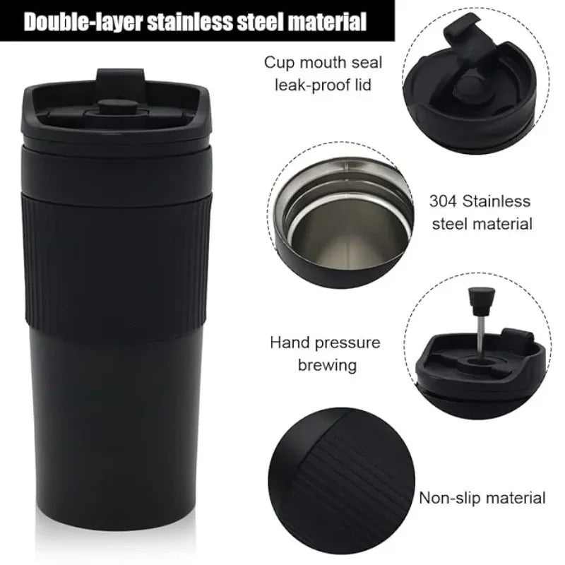 Stainless Steel French Press Coffee Maker – Vacuum Insulated Travel Mug 450ml
