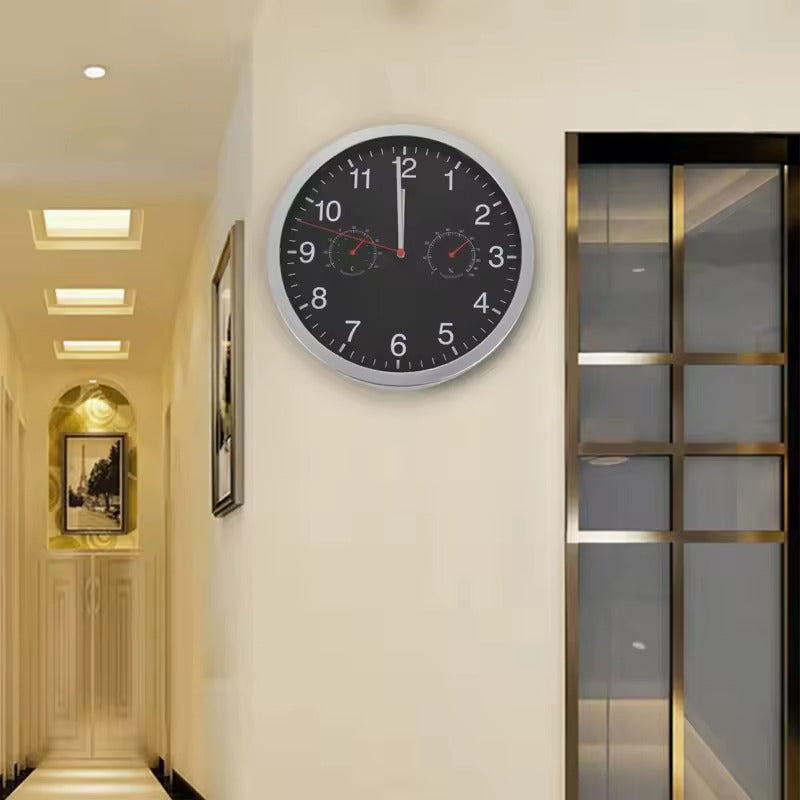 Black Wall Clock with Hygrometer & Thermometer – Quartz Silent Indoor Décor