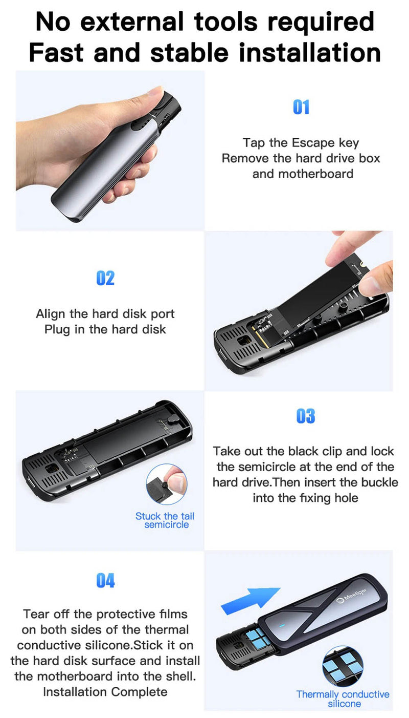 M.2 NVMe & SATA SSD Hard Drive Enclosure – USB-C 10Gbps Tool-Free Case (2230–2280)