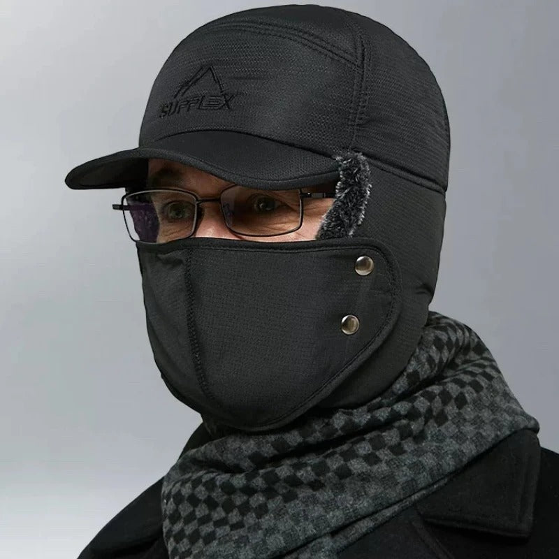 Fur Lined Winter Hat for Men – Thermal Hat with Earflaps Visor & Neck Warmer