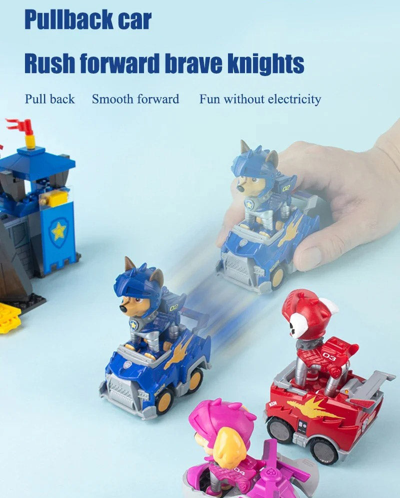 Authentic Paw Patrol Rescue Knight Toys – Pull Back Cars Building Block Set
