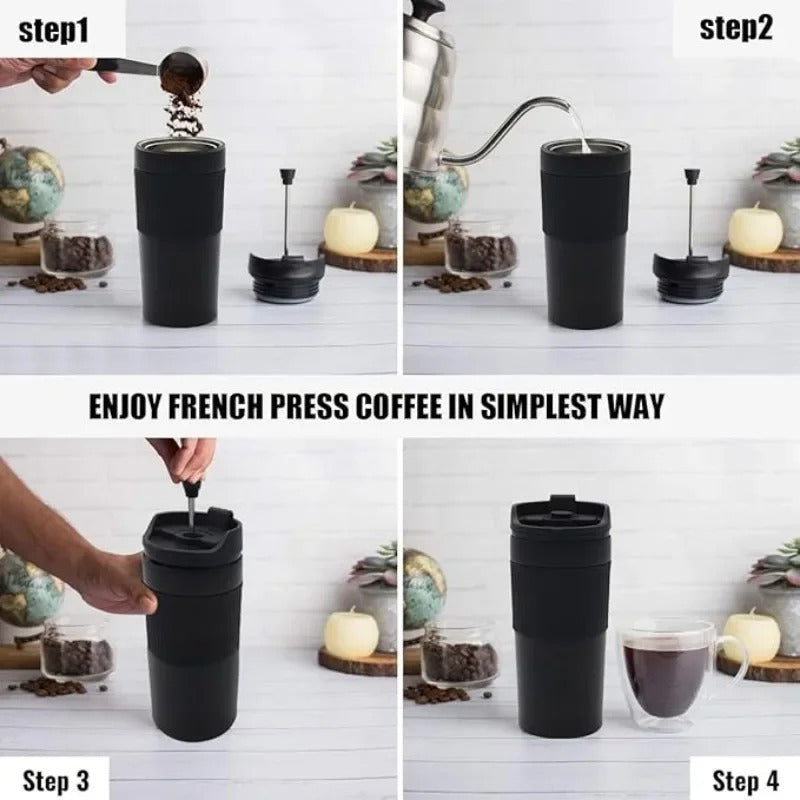 Stainless Steel French Press Coffee Maker – Vacuum Insulated Travel Mug 450ml