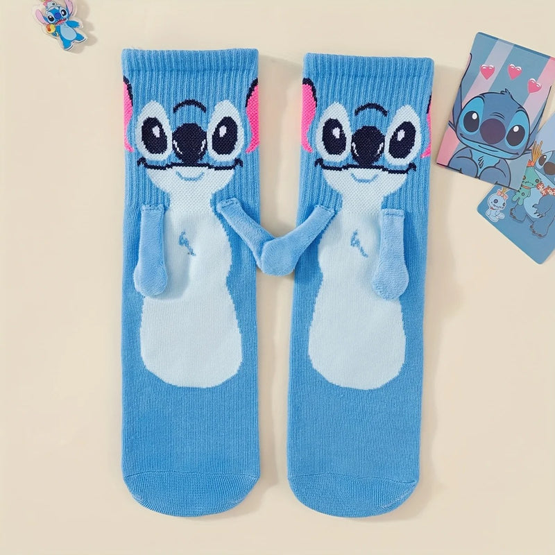 Stitch & Angel Magnetic Couple Socks – Cute Connected Cartoon Crew Socks Three Pack