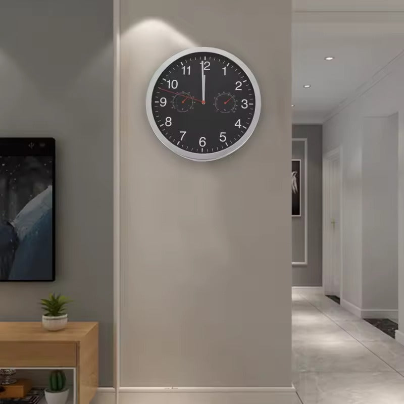 Black Wall Clock with Hygrometer & Thermometer – Quartz Silent Indoor Décor