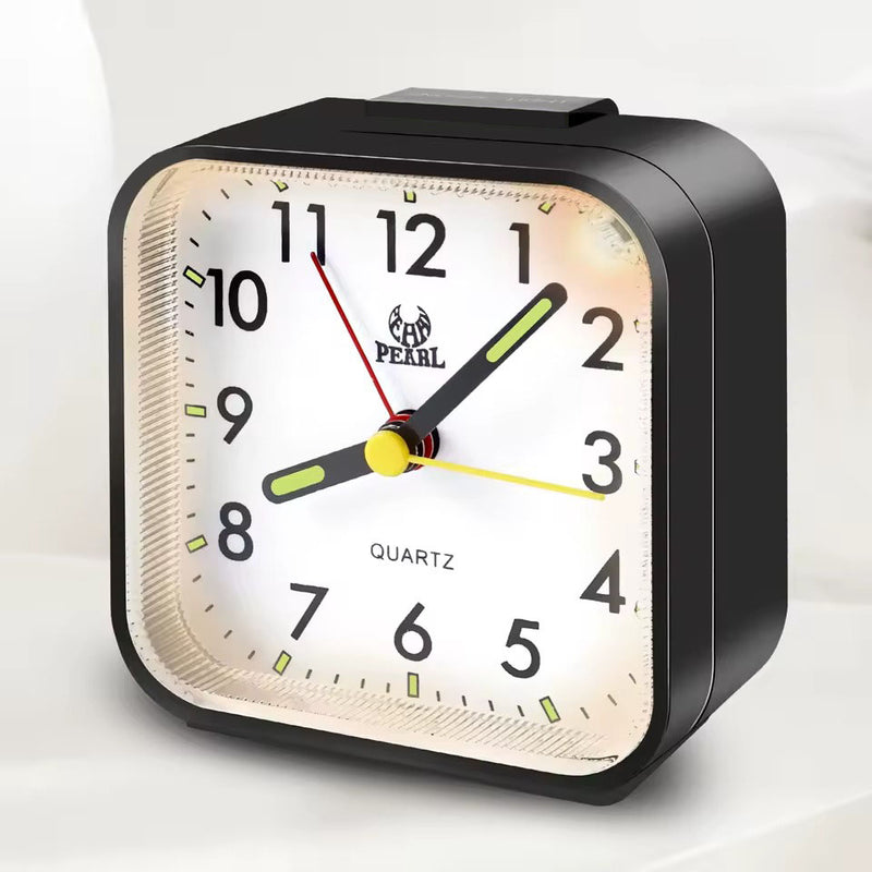 Silent Sweep Square Analog Alarm Clock – Battery Powered Non-Ticking with Snooze & Light