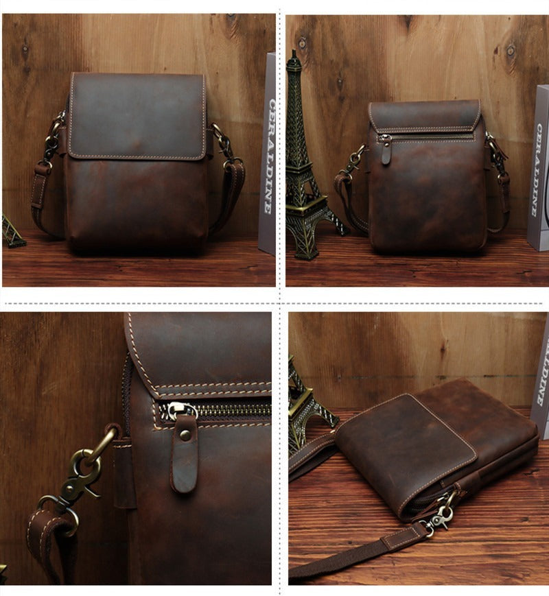 Men’s Crazy Horse Leather Crossbody Bag – Retro Cowhide Messenger Bag