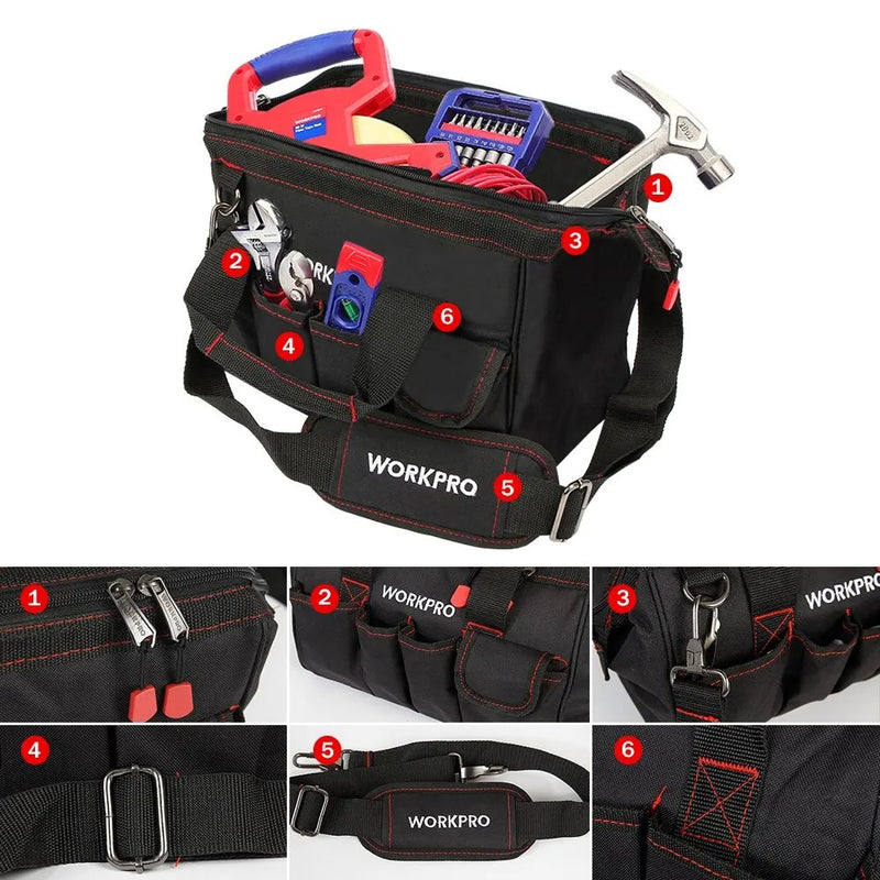 Heavy Duty Wide Mouth Tool Bag – Waterproof Multi-Compartment with Adjustable Shoulder Strap