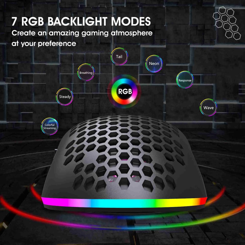 Ultralight Wireless Gaming Mouse – 2.4G Honeycomb RGB Mouse with 6 Programmable Buttons & Adjustable DPI