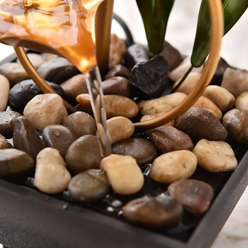 Tabletop Water Feature – 3-Tier Lotus Leaf Fountain with LED Light & Pebbles