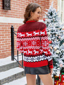 Women's Knitted Reindeer Christmas Jumper – Red & Black Striped Crew Neck Sweater