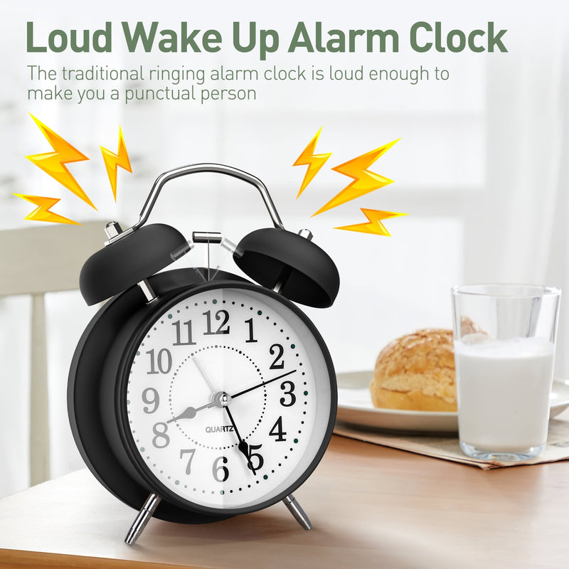 Twin Bell Alarm Clock 6 Inch – Rechargeable Silent Tick Battery Powered for Heavy Sleepers