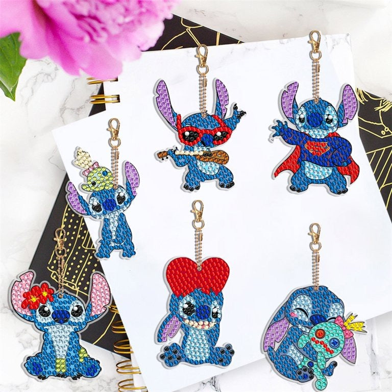 Stitch Diamond Painting Keychain Set – DIY 6-Piece Double-Sided Rhinestone Kit