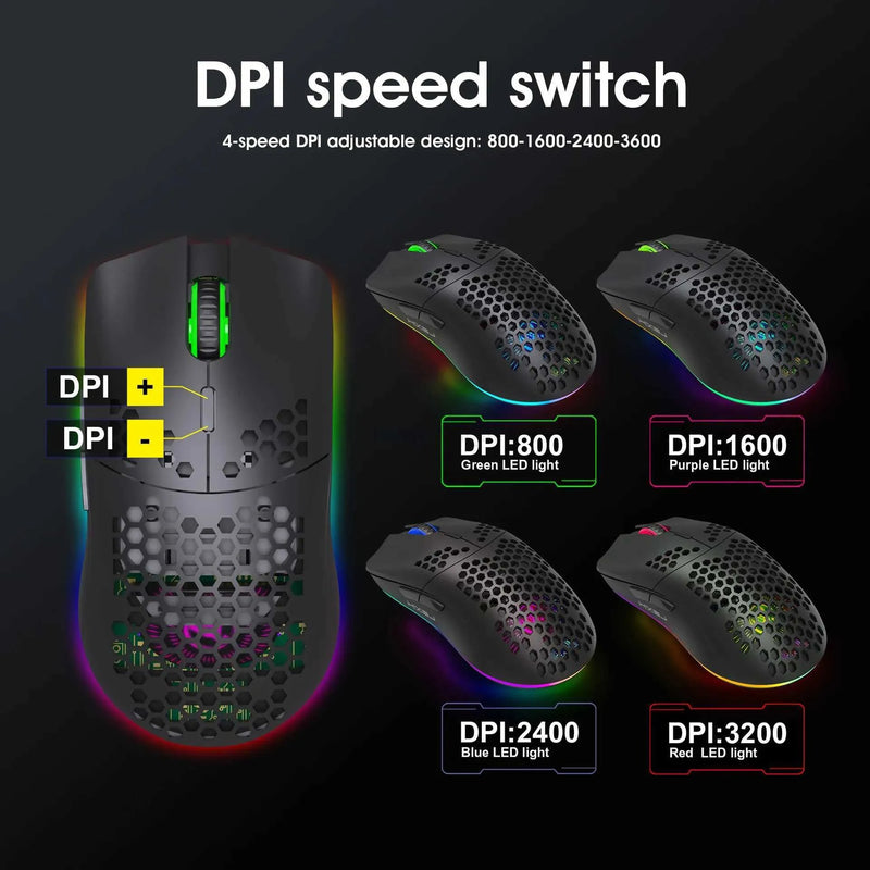 Ultralight Wireless Gaming Mouse – 2.4G Honeycomb RGB Mouse with 6 Programmable Buttons & Adjustable DPI