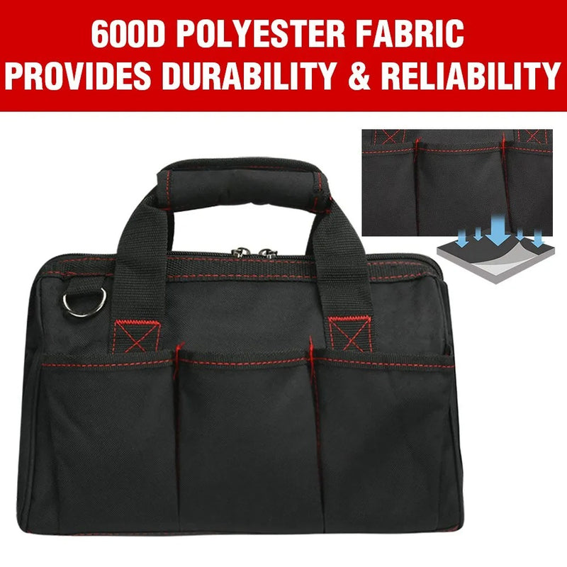 Heavy Duty Wide Mouth Tool Bag – Waterproof Multi-Compartment with Adjustable Shoulder Strap