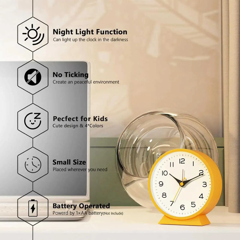Retro Silent Alarm Clock – Battery-Operated Non-Ticking with Light for Bedroom or Desk