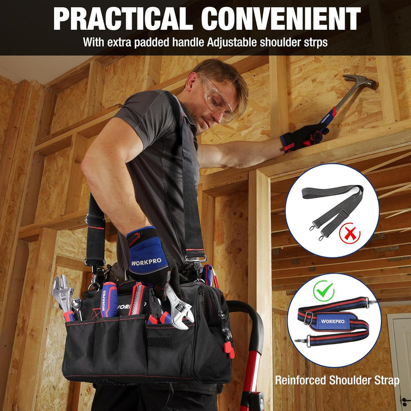 Heavy Duty Wide Mouth Tool Bag – Waterproof Multi-Compartment with Adjustable Shoulder Strap
