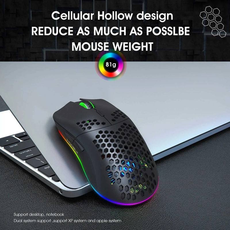 Ultralight Wireless Gaming Mouse – 2.4G Honeycomb RGB Mouse with 6 Programmable Buttons & Adjustable DPI