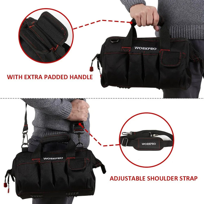 Heavy Duty Wide Mouth Tool Bag – Waterproof Multi-Compartment with Adjustable Shoulder Strap