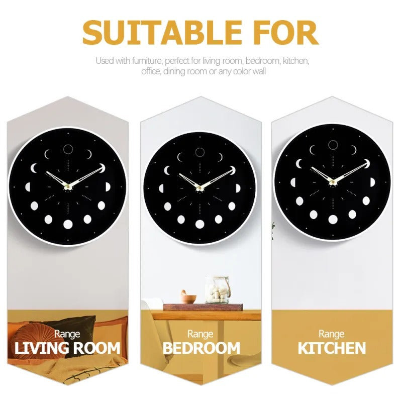 Glow-in-the-Dark Moon Phase Silent Wall Clock – Easy Install Living Room Wall Decor