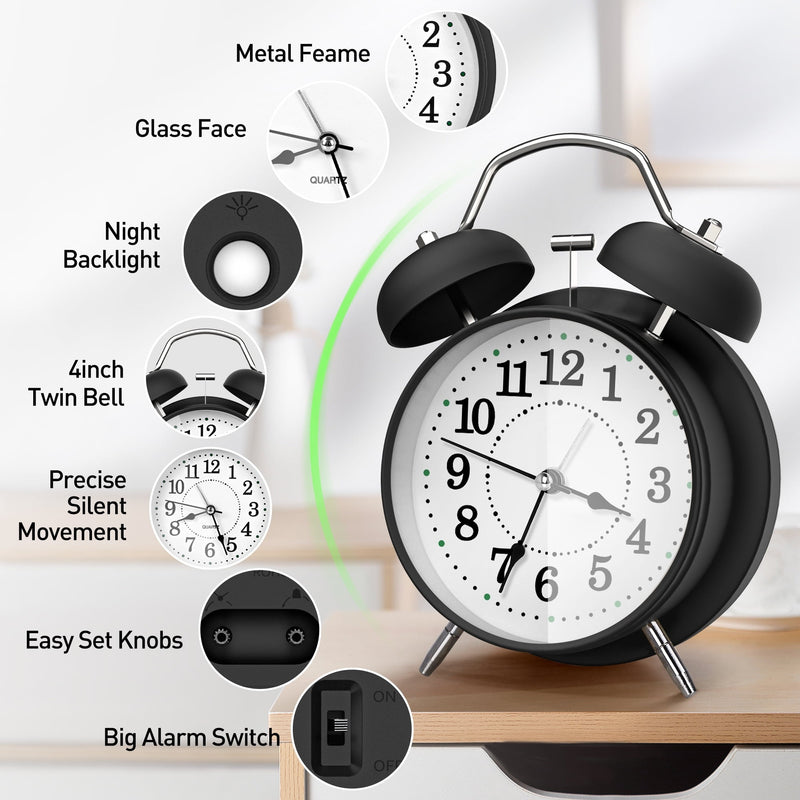 Twin Bell Alarm Clock 6 Inch – Rechargeable Silent Tick Battery Powered for Heavy Sleepers