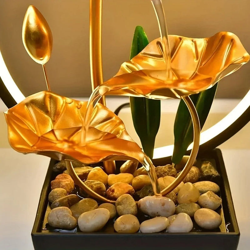Tabletop Water Feature – 3-Tier Lotus Leaf Fountain with LED Light & Pebbles
