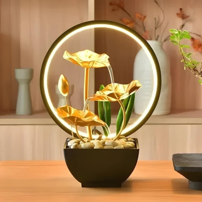 Tabletop Water Feature – 3-Tier Lotus Leaf Fountain with LED Light & Pebbles