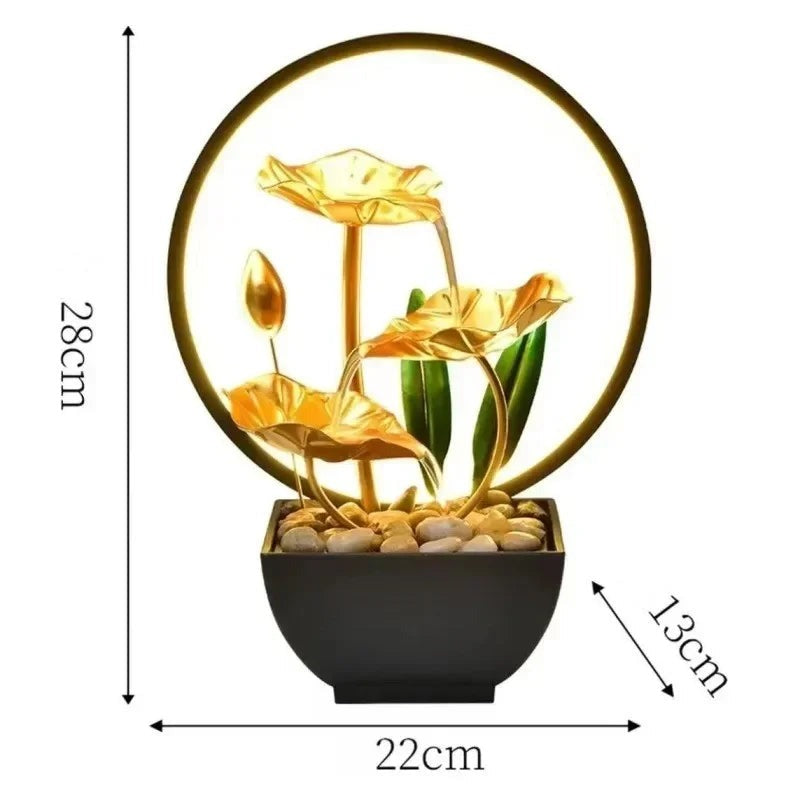 Tabletop Water Feature – 3-Tier Lotus Leaf Fountain with LED Light & Pebbles