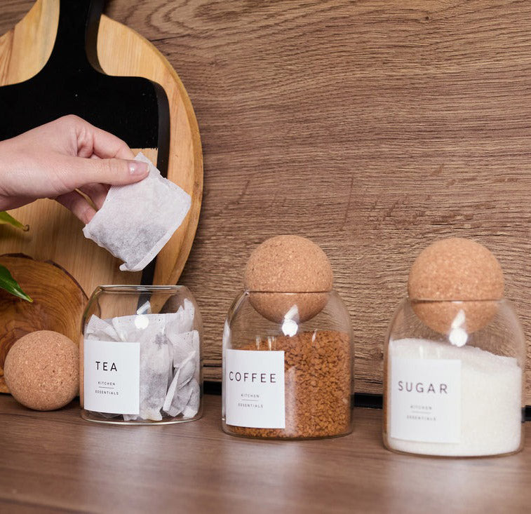 Set of 3 Glass Coffee Tea & Sugar Canisters – 500ml Jars with Elegant Cork Ball Lids
