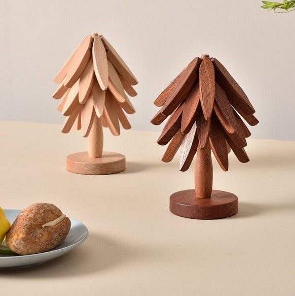 Wooden Tree Trivet Set with Stand – 3 Piece Heat-Resistant Coasters