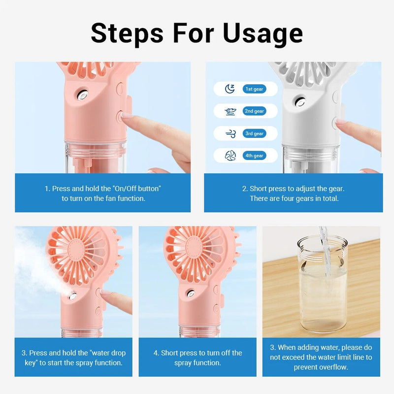 Portable Misting Handheld Fan – 4-Speed Cooling Fan with Water Tank for Indoor & Outdoor Use
