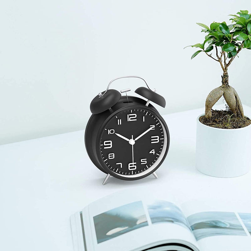 Rechargeable 4 Inch Twin Bell Analog Alarm Clock – Easy Set Luminous Stereoscopic Dial