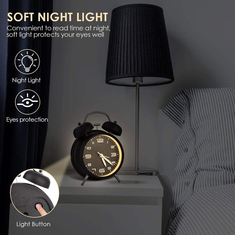 Rechargeable 4 Inch Twin Bell Analog Alarm Clock – Easy Set Luminous Stereoscopic Dial