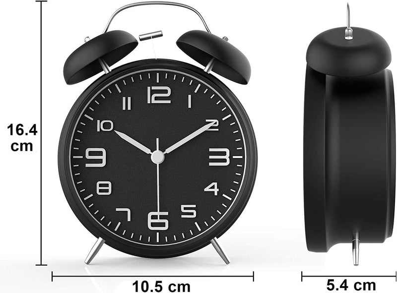Rechargeable 4 Inch Twin Bell Analog Alarm Clock – Easy Set Luminous Stereoscopic Dial