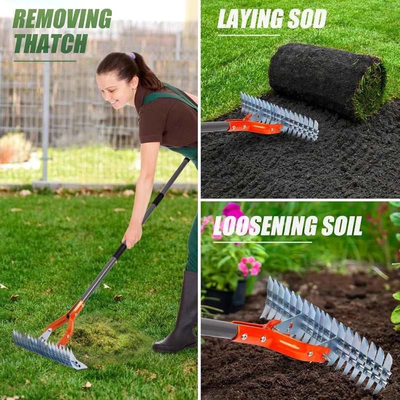 Wide Steel Thatch Rake – 14" Heavy-Duty Lawn Dethatcher for Garden & Yard