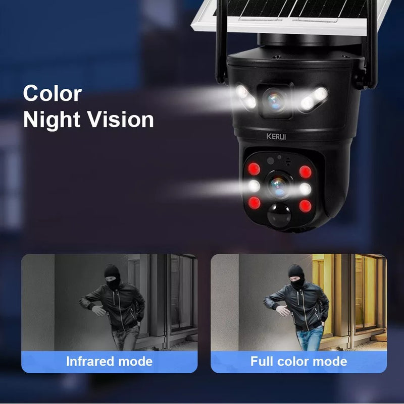 Solar-Powered 4G WiFi Security Camera – Rotating Dual Lens with Night Vision and Motion Detection