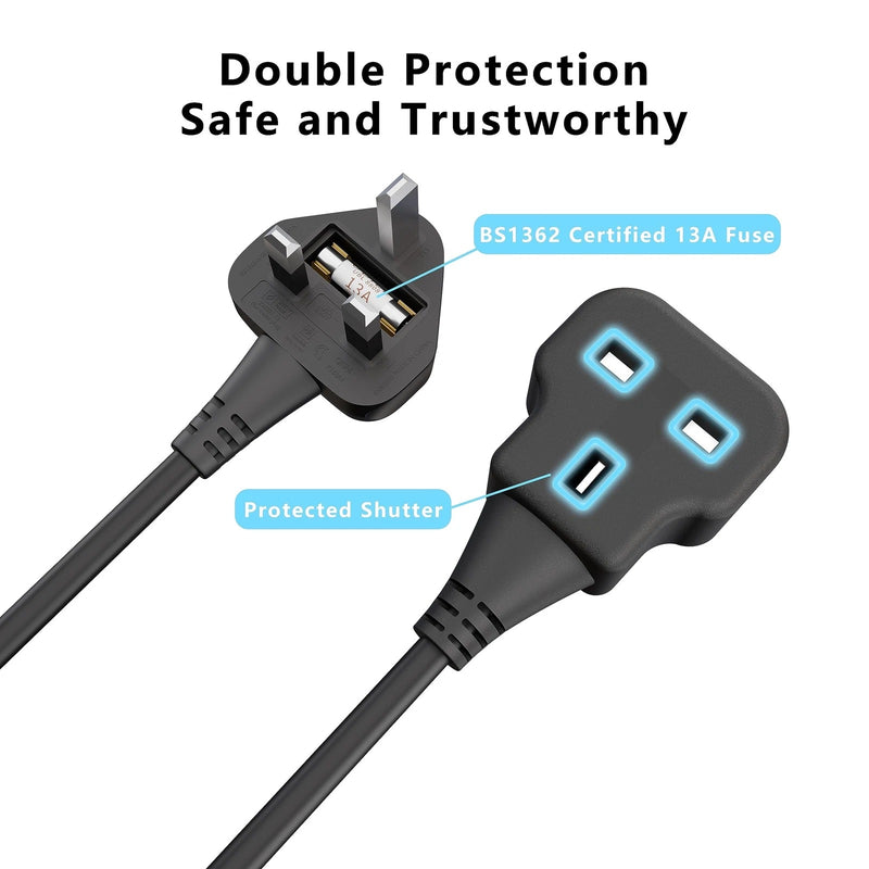 UK 3-Pin Extension Lead Power Cable – 1.8m Male to Female Plug UK Standard