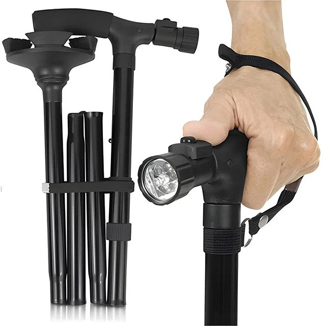 Folding Walking Stick with Light – Telescopic Double Handle Trekking Pole for Seniors