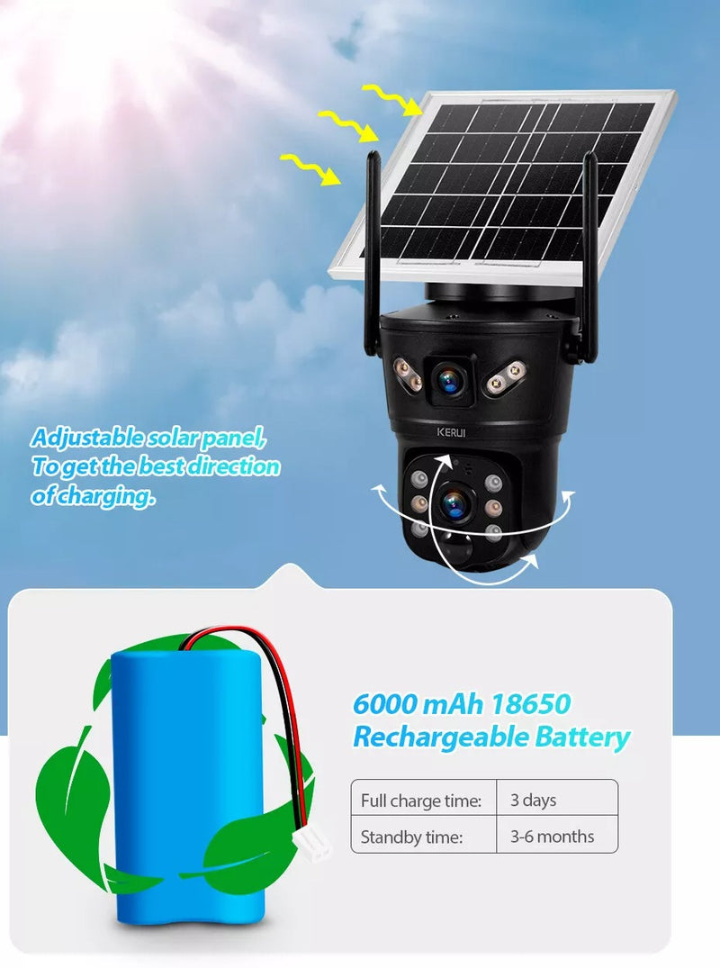 Solar-Powered 4G WiFi Security Camera – Rotating Dual Lens with Night Vision and Motion Detection