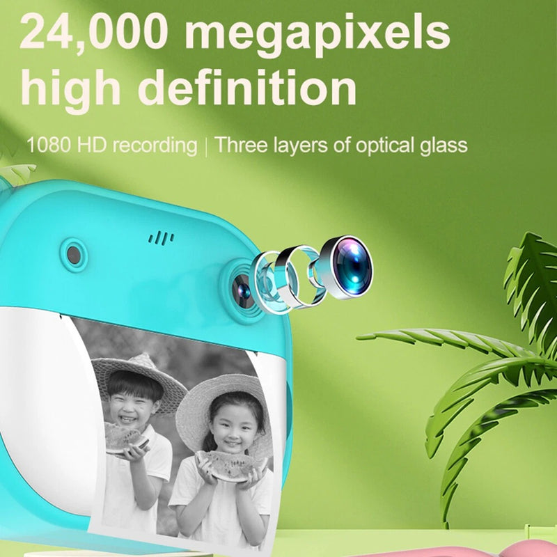 Kids 1080P Digital Camera with Thermal Printer – 2.4” IPS Screen Auto Focus Includes 2 Print Paper Rolls