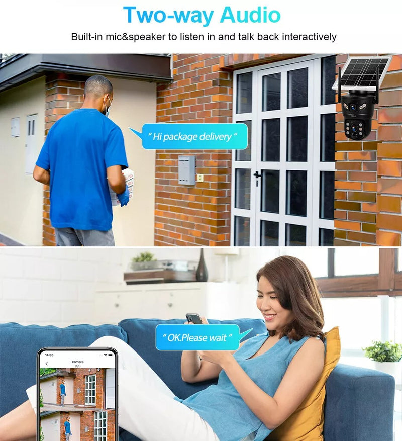 Solar-Powered 4G WiFi Security Camera – Rotating Dual Lens with Night Vision and Motion Detection