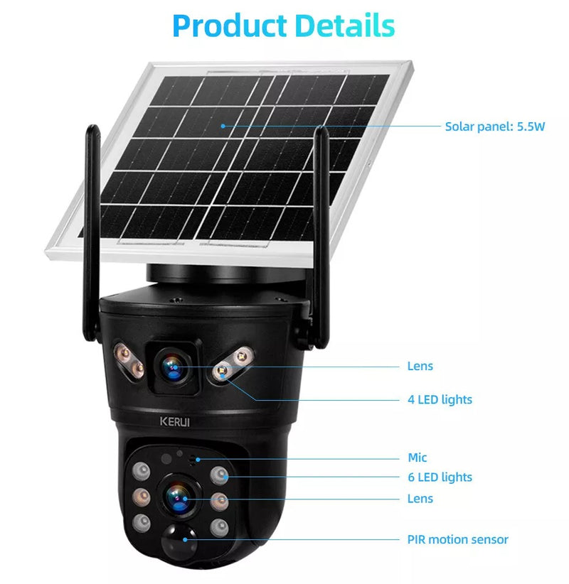 Solar-Powered 4G WiFi Security Camera – Rotating Dual Lens with Night Vision and Motion Detection
