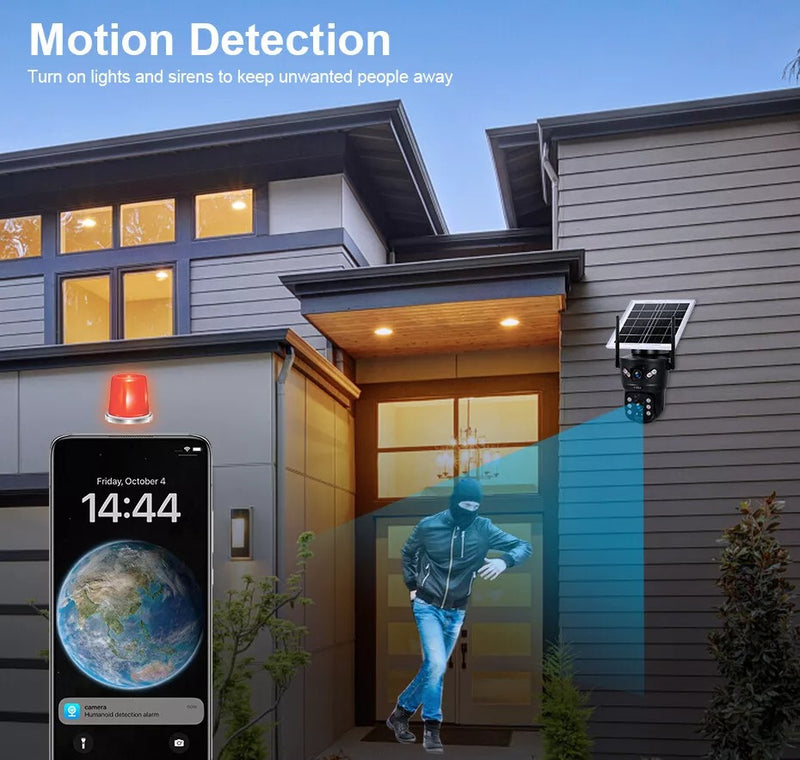 Solar-Powered 4G WiFi Security Camera – Rotating Dual Lens with Night Vision and Motion Detection