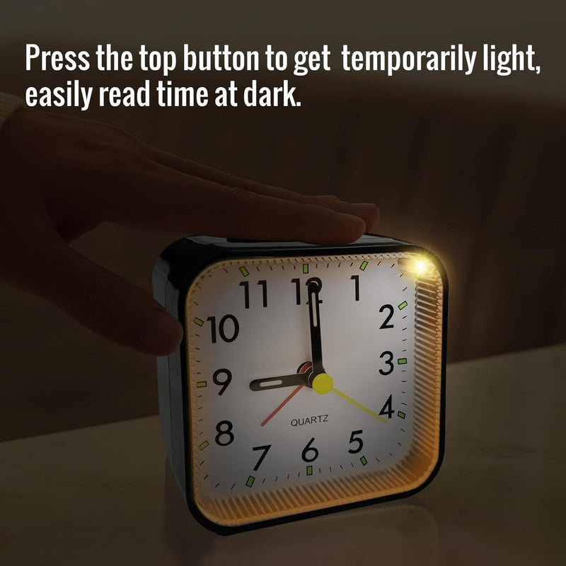 Silent Sweep Square Analog Alarm Clock – Battery Powered Non-Ticking with Snooze & Light