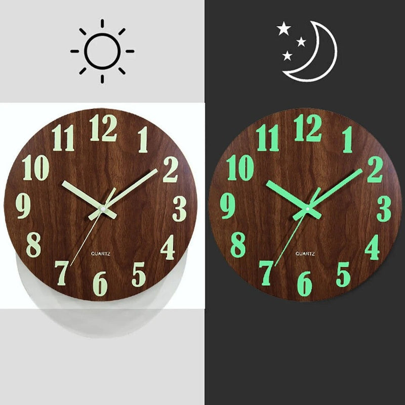 12-Inch Wooden Wall Clock – Glow-in-the-Dark Silent Quartz Movement MDF Background